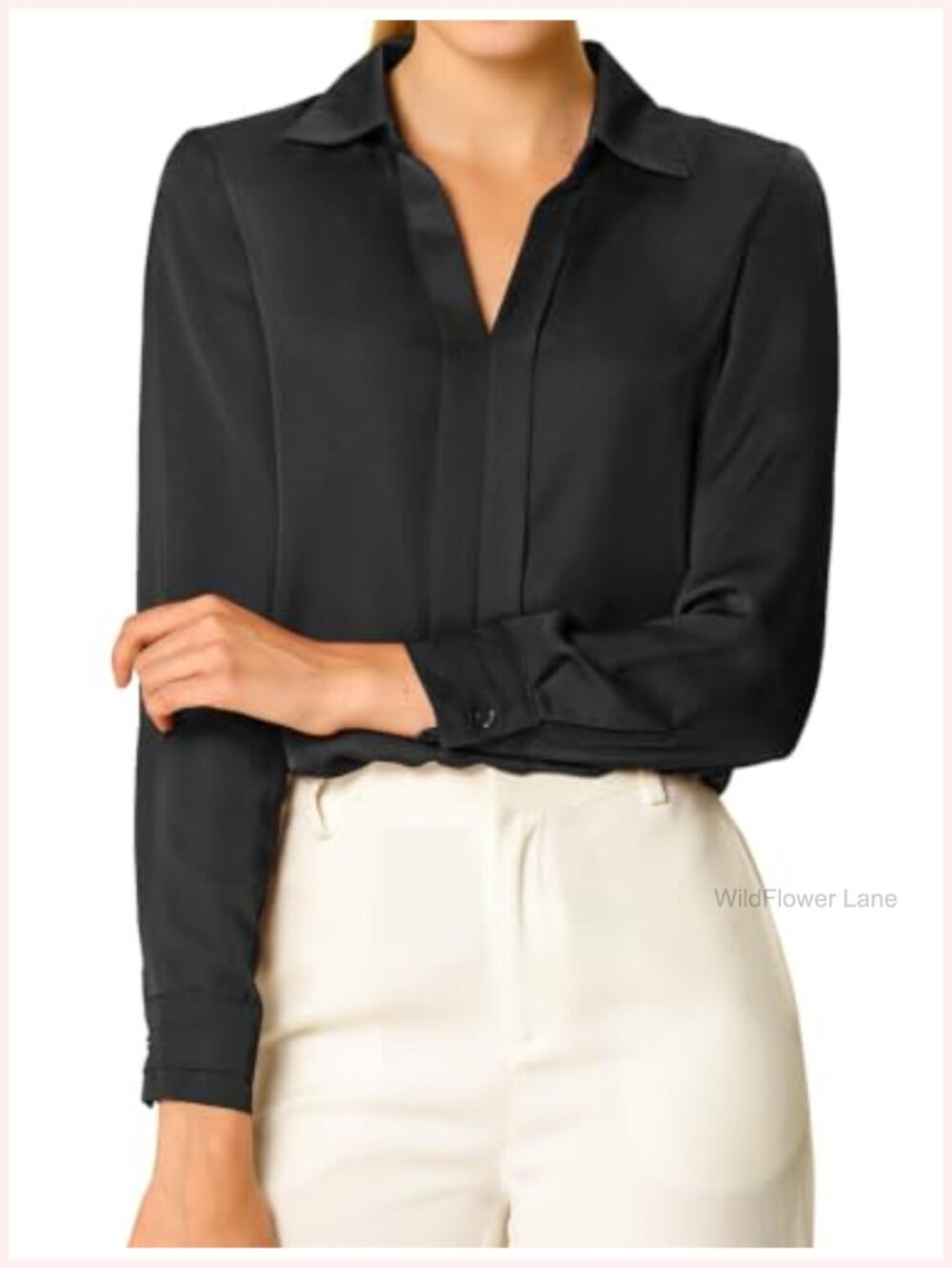 Silk Satin Long Sleeve V-Neck Point Collar Business Blouse
